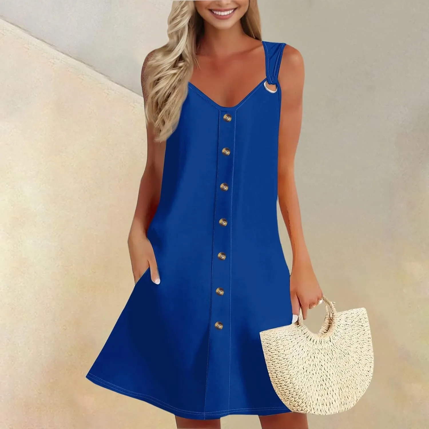 Sun Dresses for Women 2025 Summer Solid/Floral Button Down Sleeveless Midi Dress Loose Vacation Beach Swimsuit Coverups