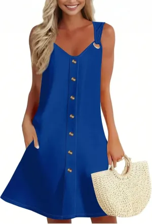 Sun Dresses for Women 2025 Summer Solid/Floral Button Down Sleeveless Midi Dress Loose Vacation Beach Swimsuit Coverups