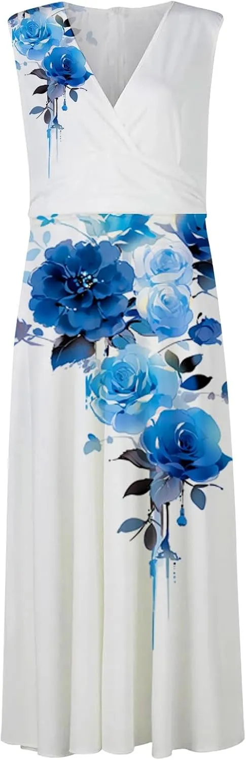 Sun Dresses for Women, Casual Spring Summer Elegant Wrap V Neck Sleeveless Maxi Dresses, Floral Print Flowy Beach Dress