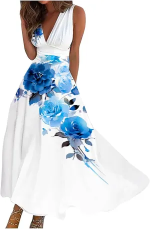 Sun Dresses for Women, Casual Spring Summer Elegant Wrap V Neck Sleeveless Maxi Dresses, Floral Print Flowy Beach Dress