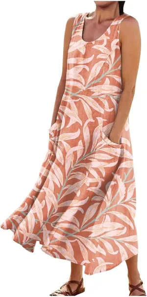 Sundresses for Women Floral Printed Sleeveless Sundresses Pockets a Line Maxi Dresses Casual Loose Long Dresses