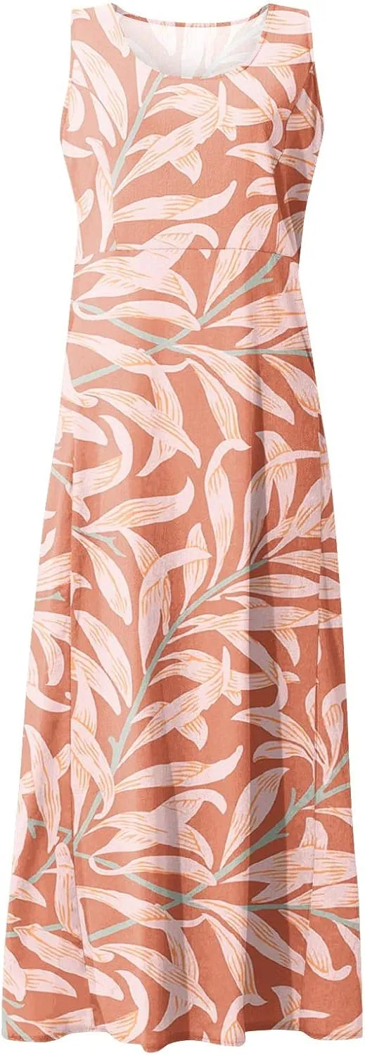 Sundresses for Women Floral Printed Sleeveless Sundresses Pockets a Line Maxi Dresses Casual Loose Long Dresses