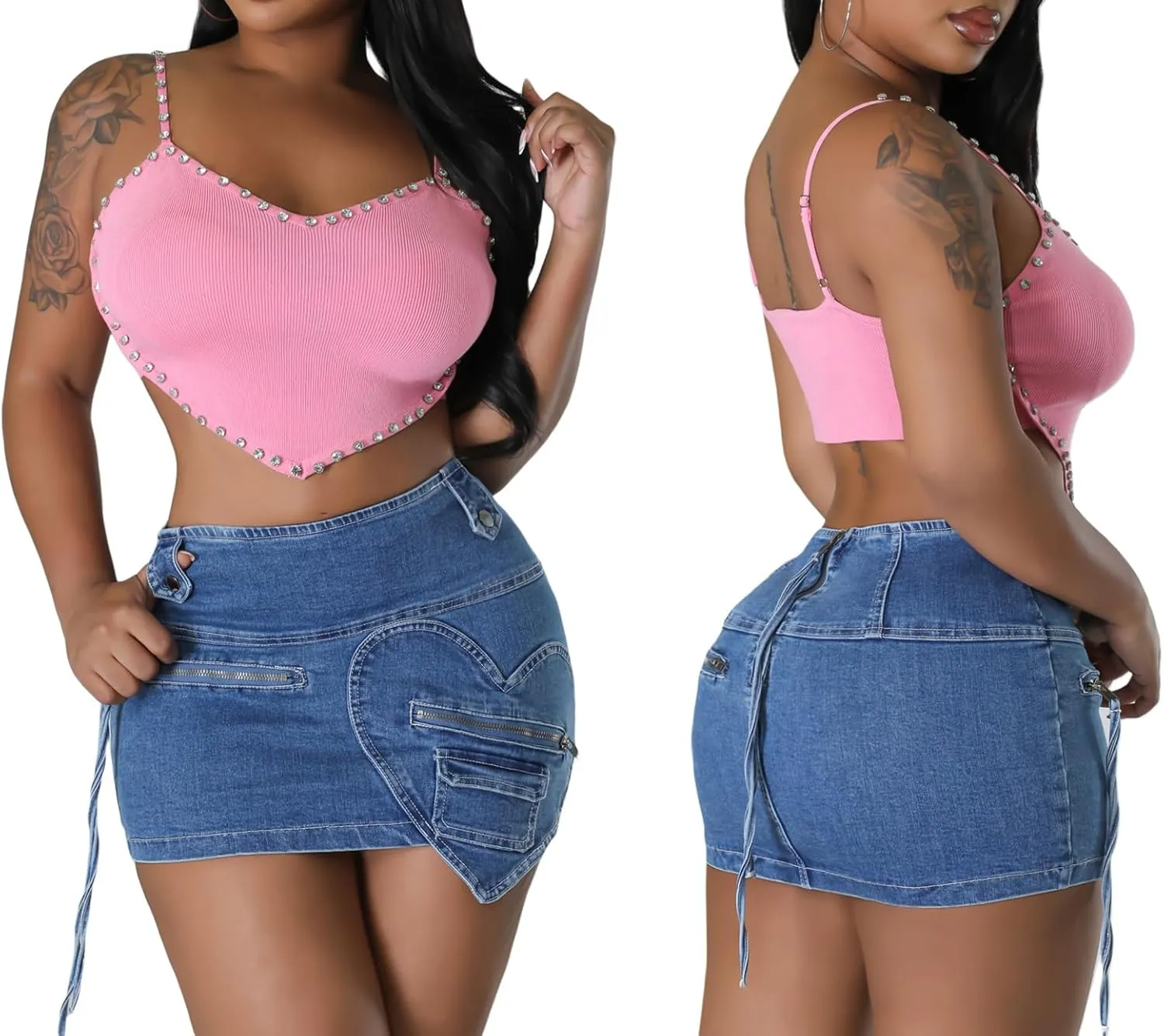 Tbahhir Women's Denim Mini Skirt High Waisted Jean Skirts Short with Heart Bodycon Y2k Streetwear Blue