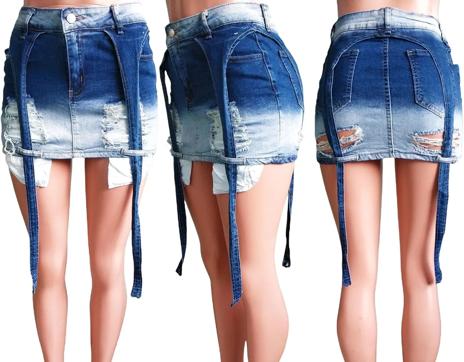 Tbahhir Women's Ripped Denim Skirt Sexy High Waisted Mini Skirts Washed with Fringes Bodycon Club Party