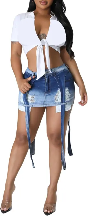 Tbahhir Women's Ripped Denim Skirt Sexy High Waisted Mini Skirts Washed with Fringes Bodycon Club Party