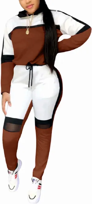 ThusFar Women's Casual Sweatsuit Two Piece Outfits Patchwork Net Color Block Pocket Hooded Top Pant Set Jogger Tracksuit