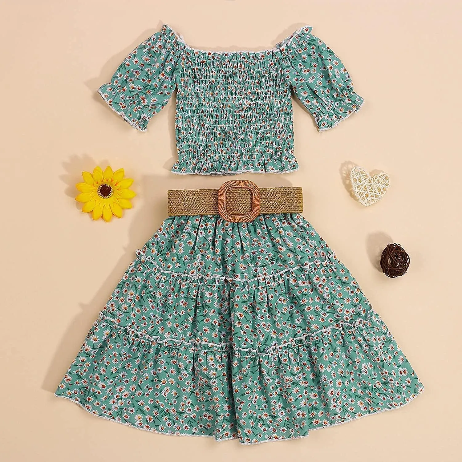 Toddler Girl Ruffled Off The Shoulder Crop Top  Maxi Boho Tutu Long Skirts Dress with Waistband Summer Clothes Set