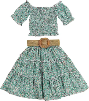 Toddler Girl Ruffled Off The Shoulder Crop Top  Maxi Boho Tutu Long Skirts Dress with Waistband Summer Clothes Set