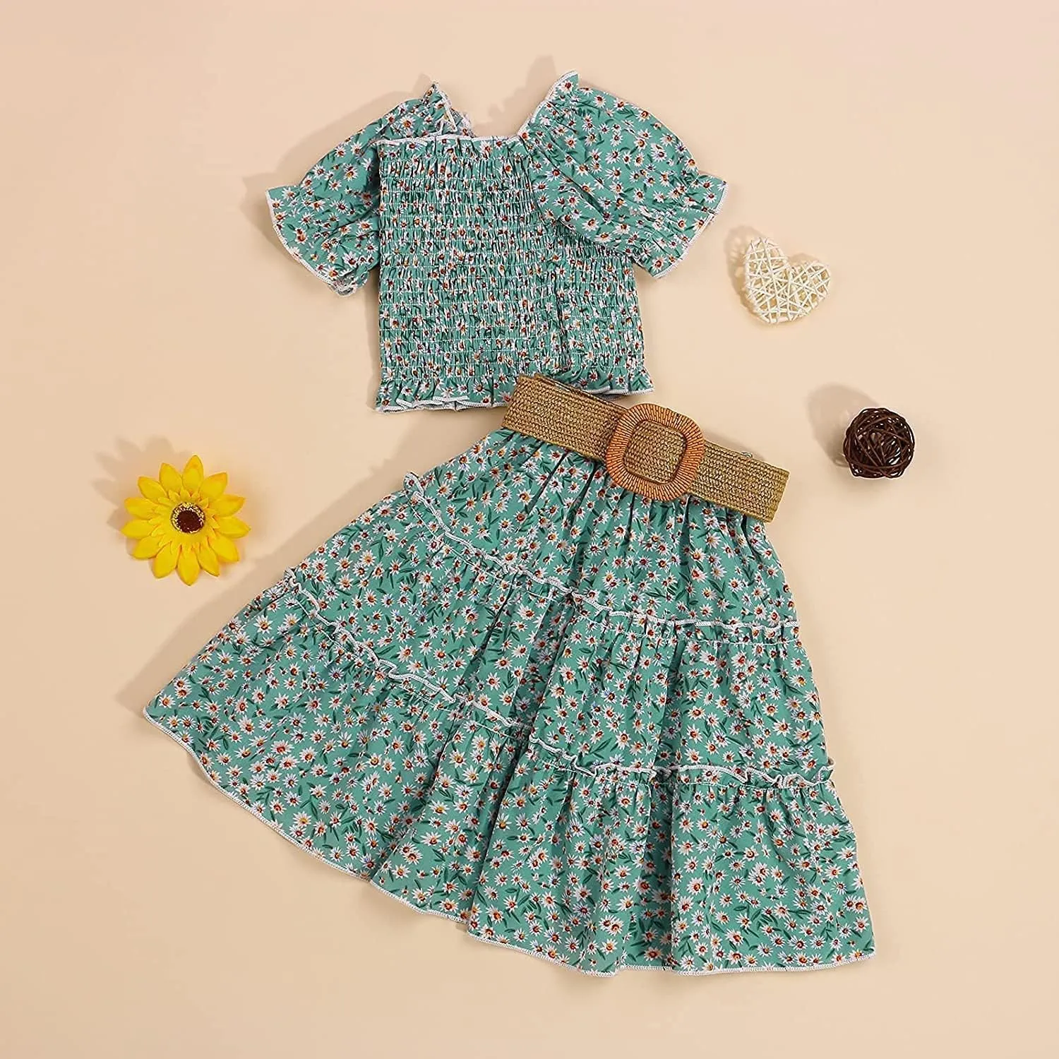 Toddler Girl Ruffled Off The Shoulder Crop Top  Maxi Boho Tutu Long Skirts Dress with Waistband Summer Clothes Set