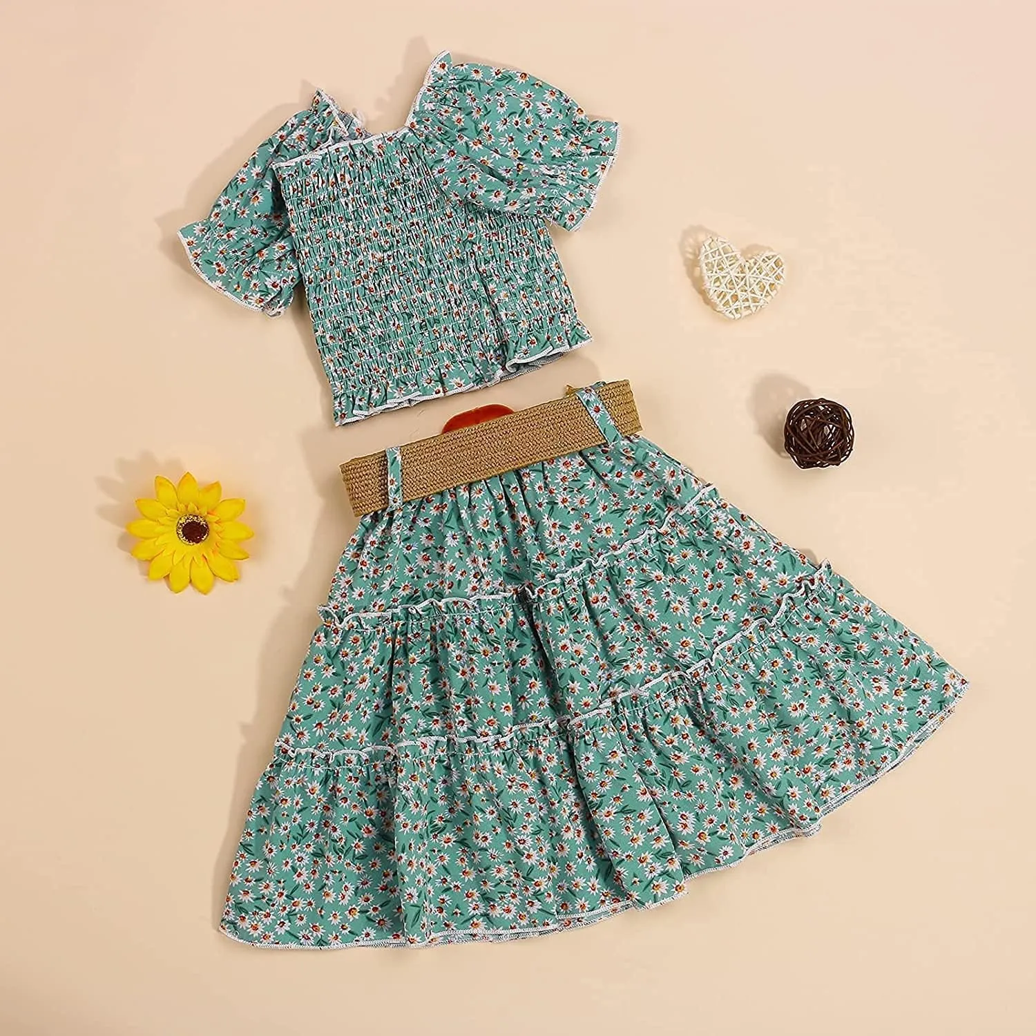 Toddler Girl Ruffled Off The Shoulder Crop Top  Maxi Boho Tutu Long Skirts Dress with Waistband Summer Clothes Set