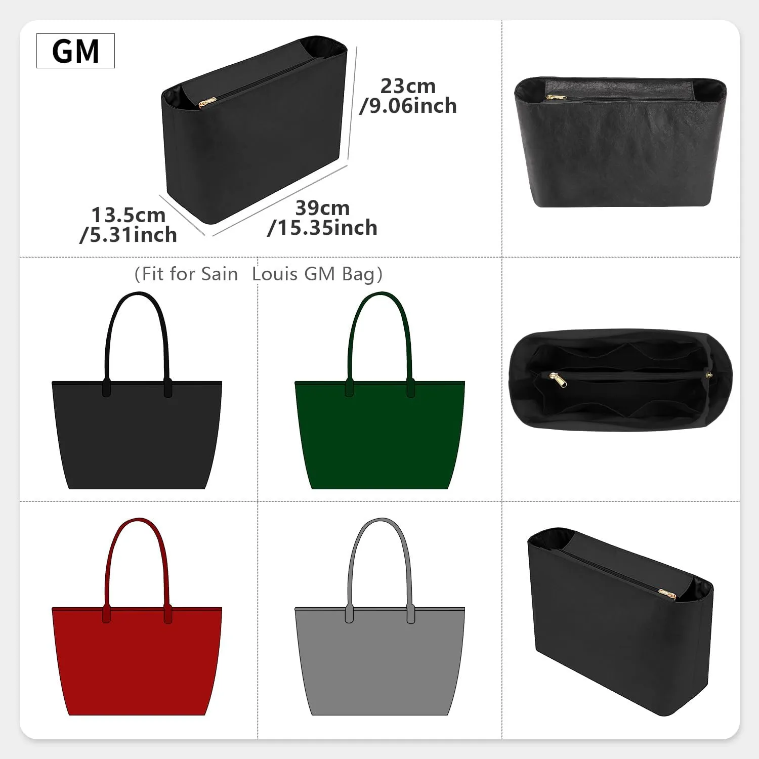 Tote Bag Organizer Insert Compatible with Geya Sain Louis GM Bag, Dupont Paper Purse Inner, Makeup Liner HandBag Shaper (Black, GM)