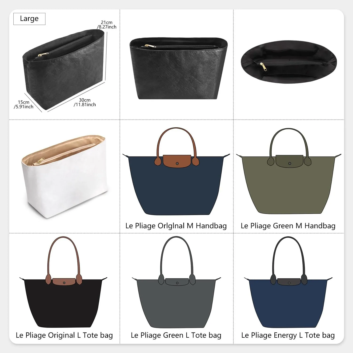 Tote Bag Organizer Insert Compatible with Longchamp Large Handbag, Dupont Paper Inner Purse Organizer Insert Makeup Liner Bag Shaper (Black, L)