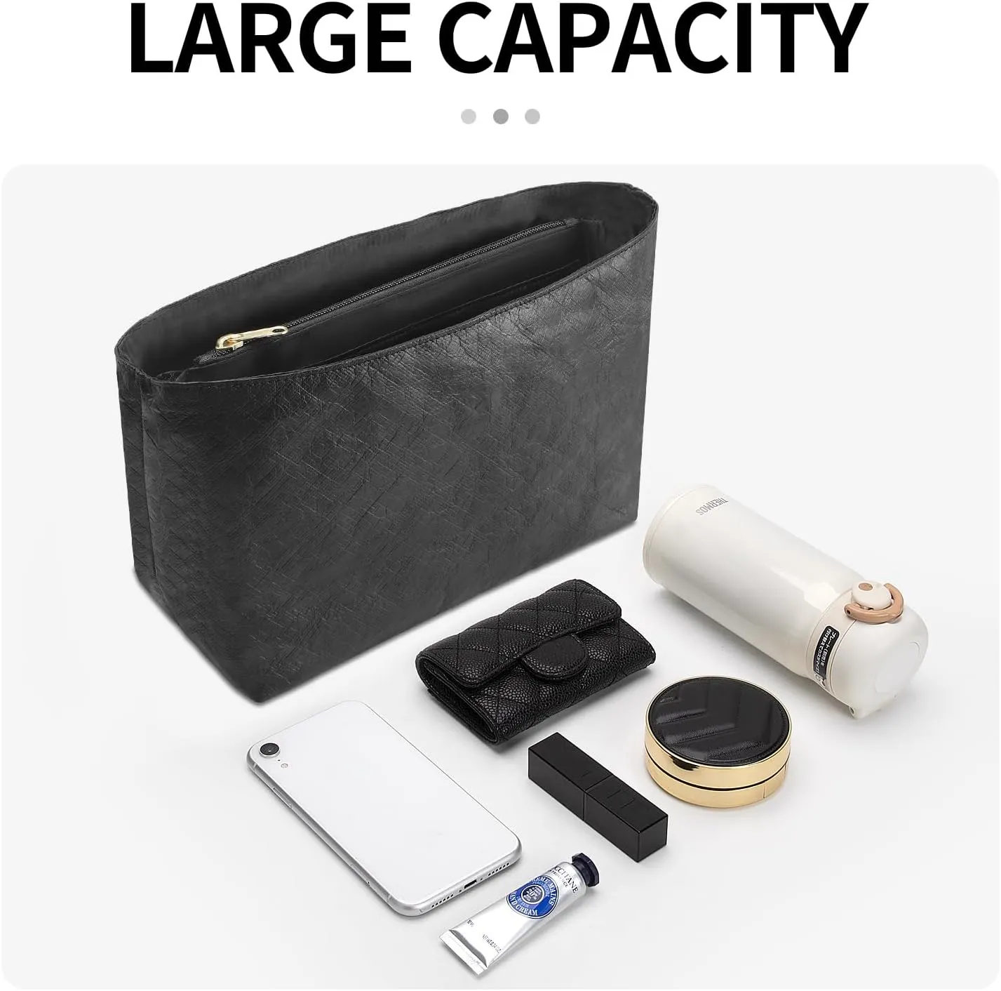 Tote Bag Organizer Insert Compatible with Longchamp Large Handbag, Dupont Paper Inner Purse Organizer Insert Makeup Liner Bag Shaper (Black, L)