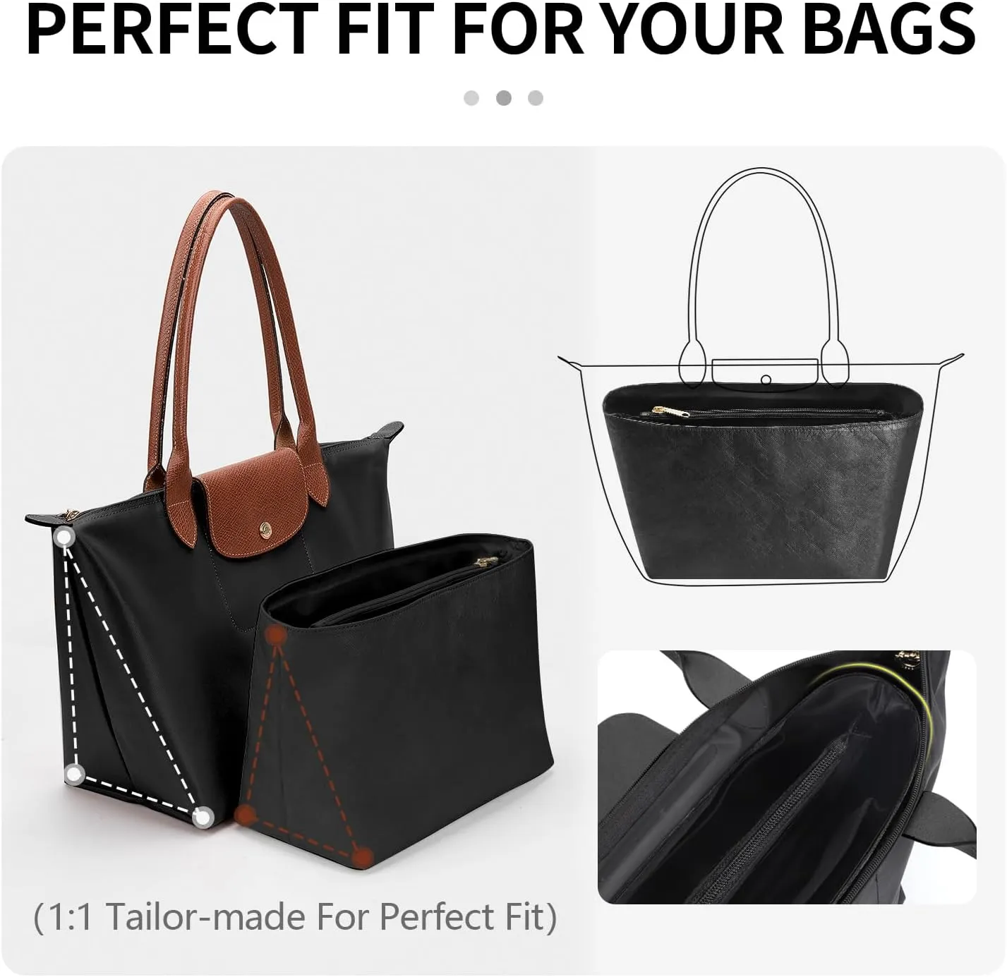 Tote Bag Organizer Insert Compatible with Longchamp Large Handbag, Dupont Paper Inner Purse Organizer Insert Makeup Liner Bag Shaper (Black, L)