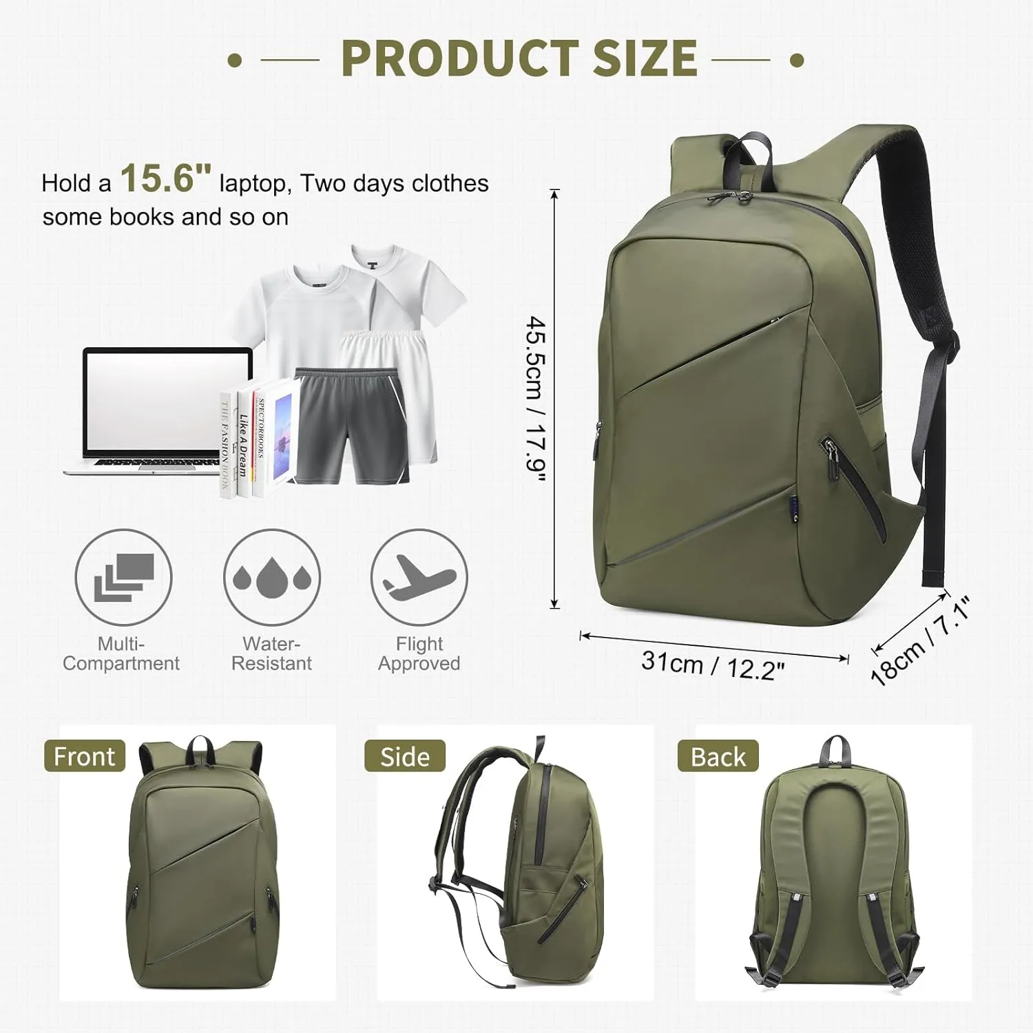 Travel Laptop Backpack, Anti-Theft Carry On Backpack Professional, TSA-Approved Water-Resistant Rucksack for Work Men Women Fits 16 Inch Notebook, Green