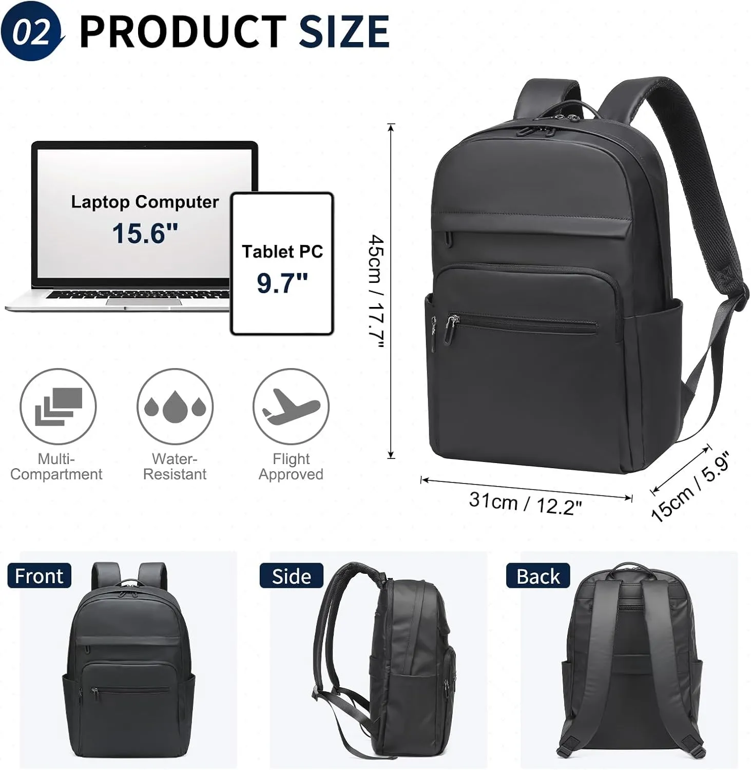 Travel Laptop Backpack, Anti-Theft Carry On Backpack, TSA-Approved Water-Resistant Rucksack for Work Men Women Fits 16 Inch Notebook, Black