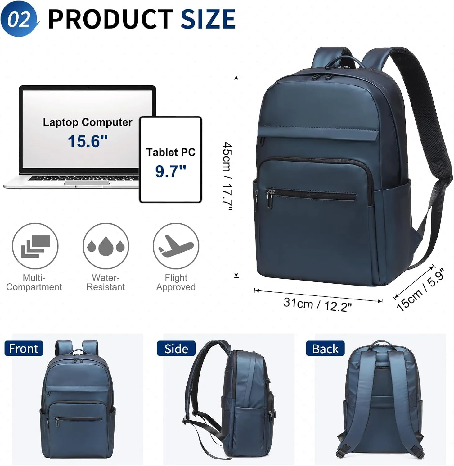 Travel Laptop Backpack, Anti-Theft Carry On Backpack, TSA-Approved Water-Resistant Rucksack for Work Men Women Fits 16 Inch Notebook, Blue