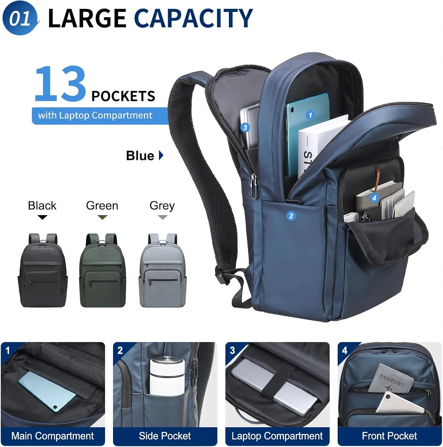 Travel Laptop Backpack, Anti-Theft Carry On Backpack, TSA-Approved Water-Resistant Rucksack for Work Men Women Fits 16 Inch Notebook, Blue