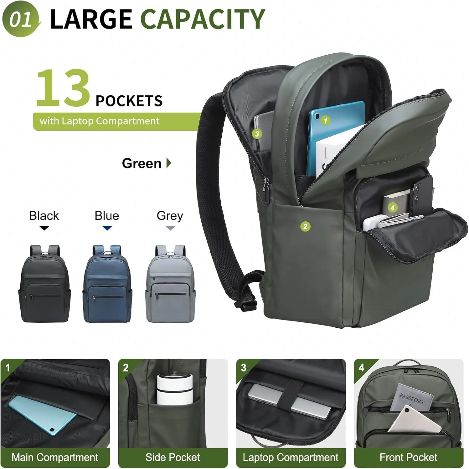 Travel Laptop Backpack, Anti-Theft Carry On Backpack, TSA-Approved Water-Resistant Rucksack for Work Men Women Fits 16 Inch Notebook, Green