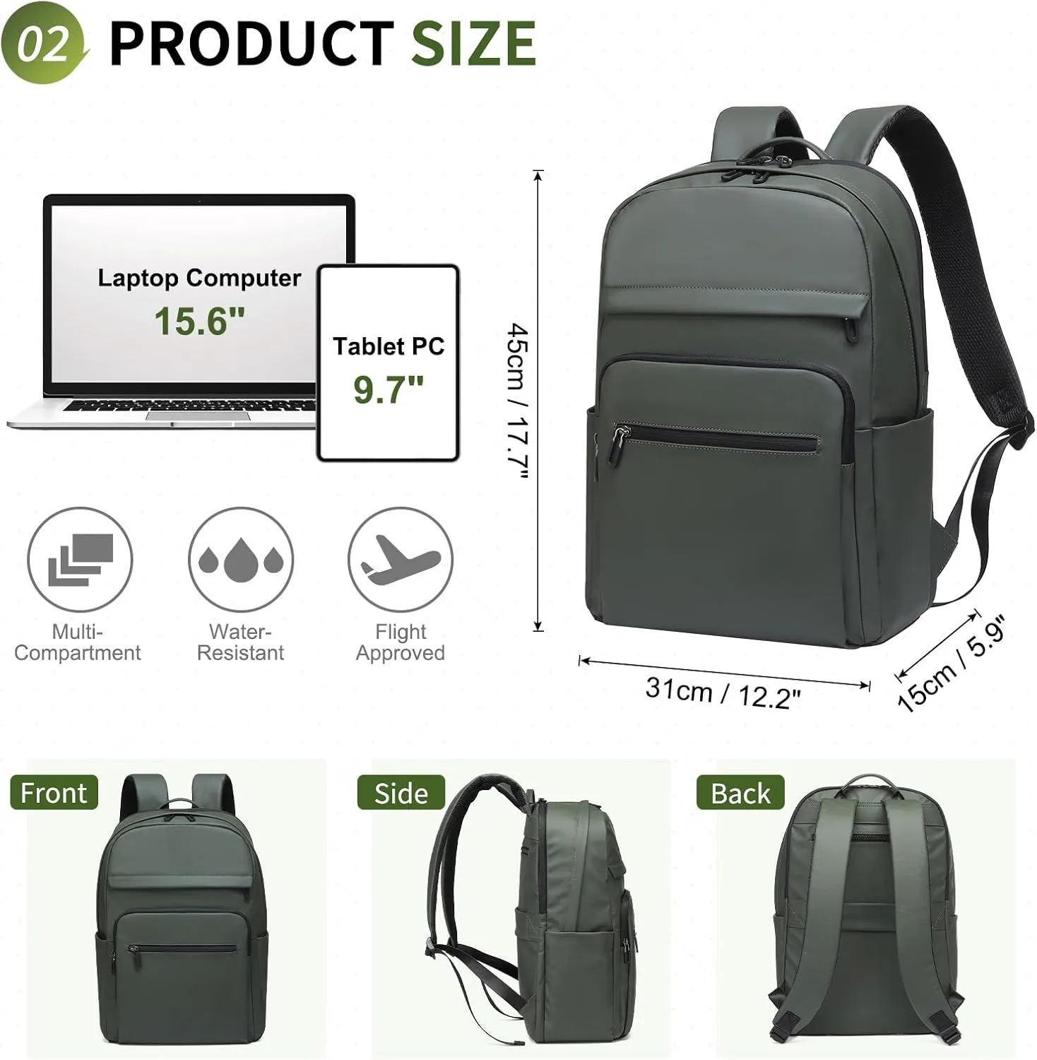 Travel Laptop Backpack, Anti-Theft Carry On Backpack, TSA-Approved Water-Resistant Rucksack for Work Men Women Fits 16 Inch Notebook, Green
