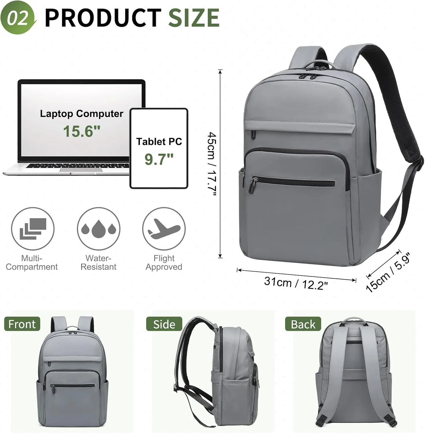 Travel Laptop Backpack, Anti-Theft Carry On Backpack, TSA-Approved Water-Resistant Rucksack for Work Men Women Fits 16 Inch Notebook, Grey
