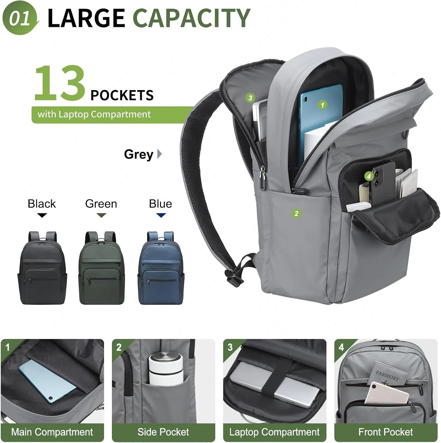 Travel Laptop Backpack, Anti-Theft Carry On Backpack, TSA-Approved Water-Resistant Rucksack for Work Men Women Fits 16 Inch Notebook, Grey