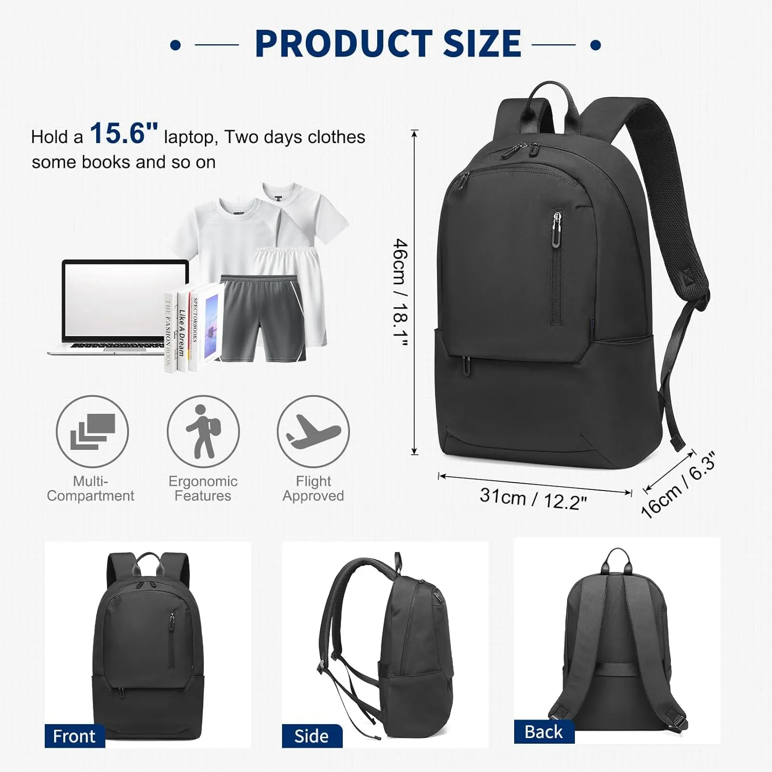 Travel Laptop Backpack, Carry On Backpack, TSA-Approved Water-Resistant Rucksack Nylon for Work Men Women Fits 16 Inch Notebook, Black