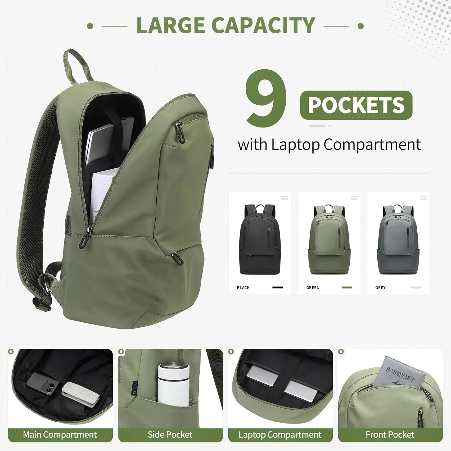 Travel Laptop Backpack, Carry On Backpack, TSA-Approved Water-Resistant Rucksack Nylon for Work Men Women Fits 16 Inch Notebook, Green