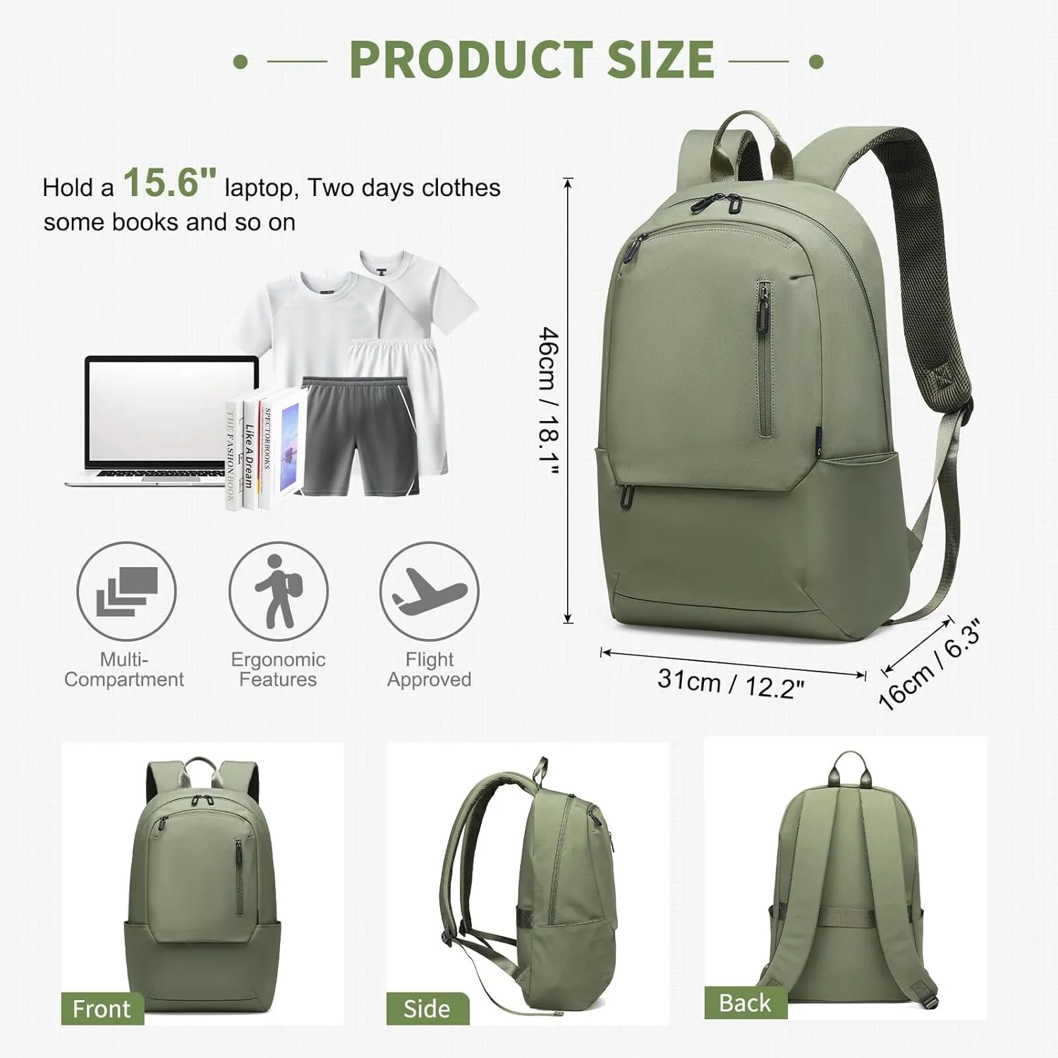 Travel Laptop Backpack, Carry On Backpack, TSA-Approved Water-Resistant Rucksack Nylon for Work Men Women Fits 16 Inch Notebook, Green