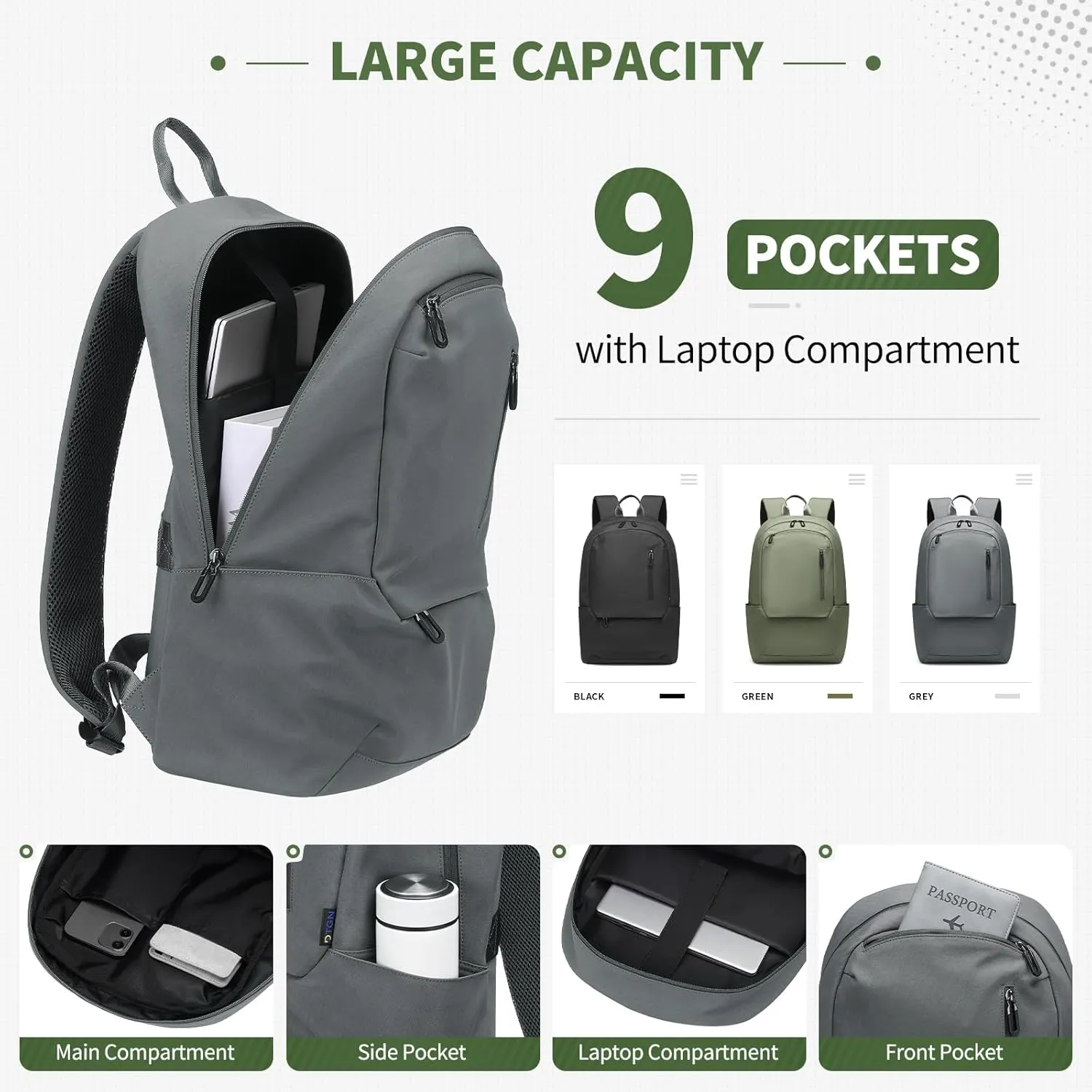 Travel Laptop Backpack, Carry On Backpack, TSA-Approved Water-Resistant Rucksack Nylon for Work Men Women Fits 16 Inch Notebook, Grey