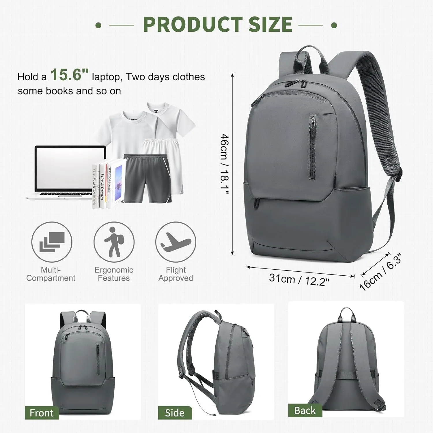 Travel Laptop Backpack, Carry On Backpack, TSA-Approved Water-Resistant Rucksack Nylon for Work Men Women Fits 16 Inch Notebook, Grey