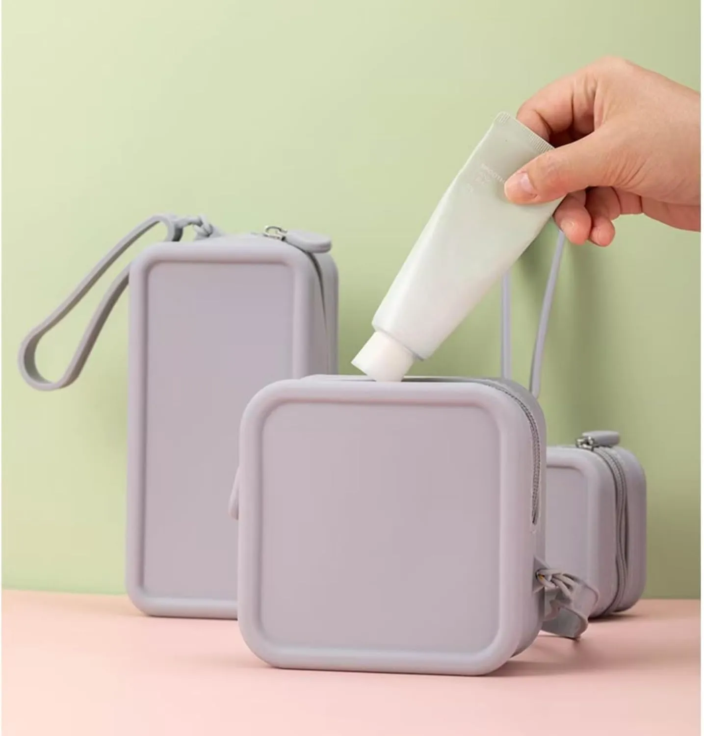 Travel Silicone Makeup Bag Toiletry Bag for Women and Men, Aesthetic Waterproof Cosmetic Pouch (Grey, M)