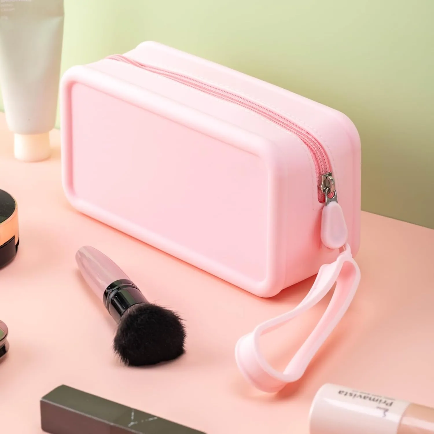 Travel Silicone Makeup Bag Toiletry Bag for Women and Men, Aesthetic Waterproof Cosmetic Pouch (Pink, L)