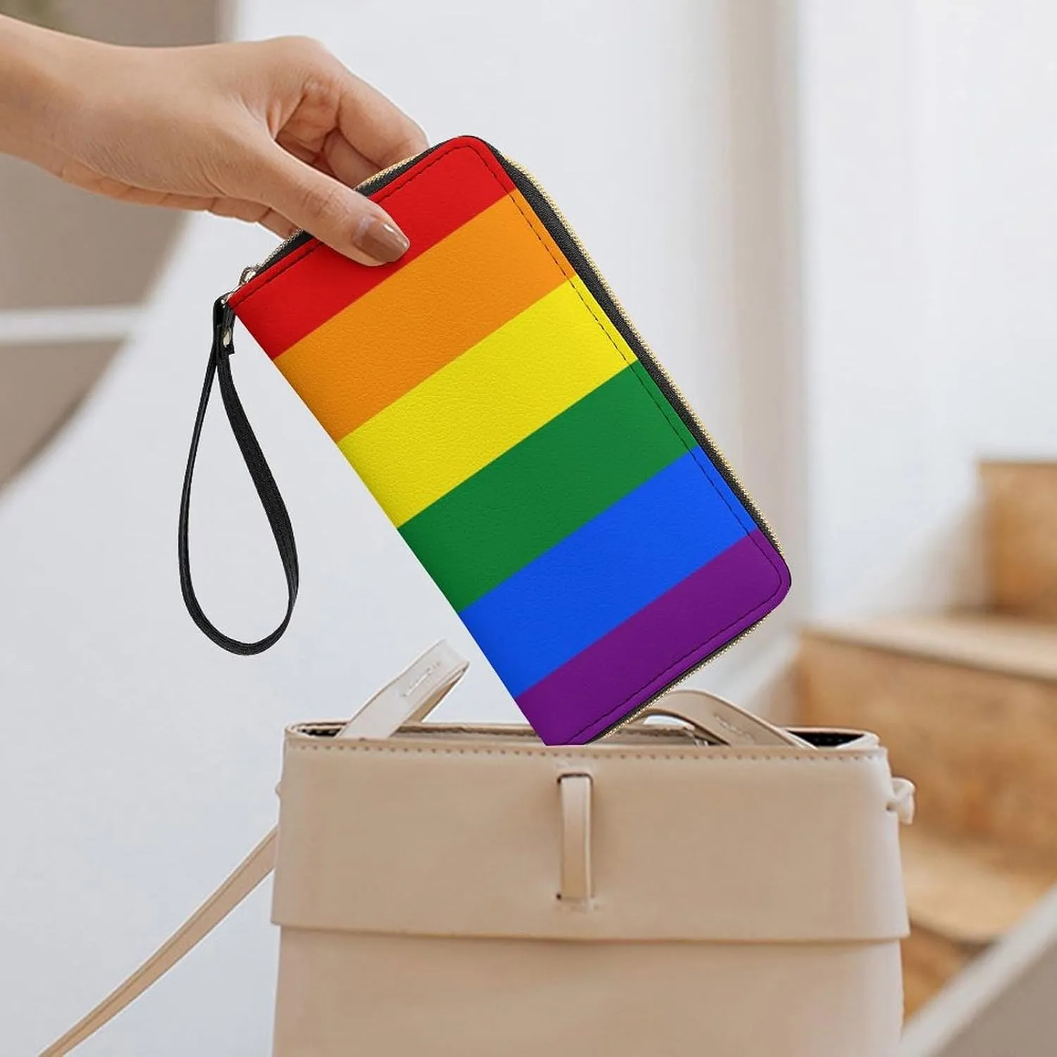 Travel Slim Wallet for Women, Large Capacity Credit Card Holder Rainbow Lgbt Pride Flag Stripes Purse Pu Leather Waterproof Long Wallet