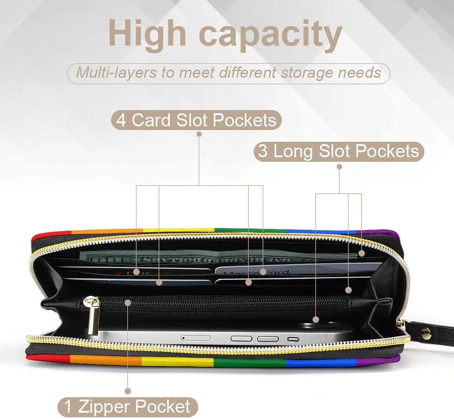 Travel Slim Wallet for Women, Large Capacity Credit Card Holder Rainbow Lgbt Pride Flag Stripes Purse Pu Leather Waterproof Long Wallet