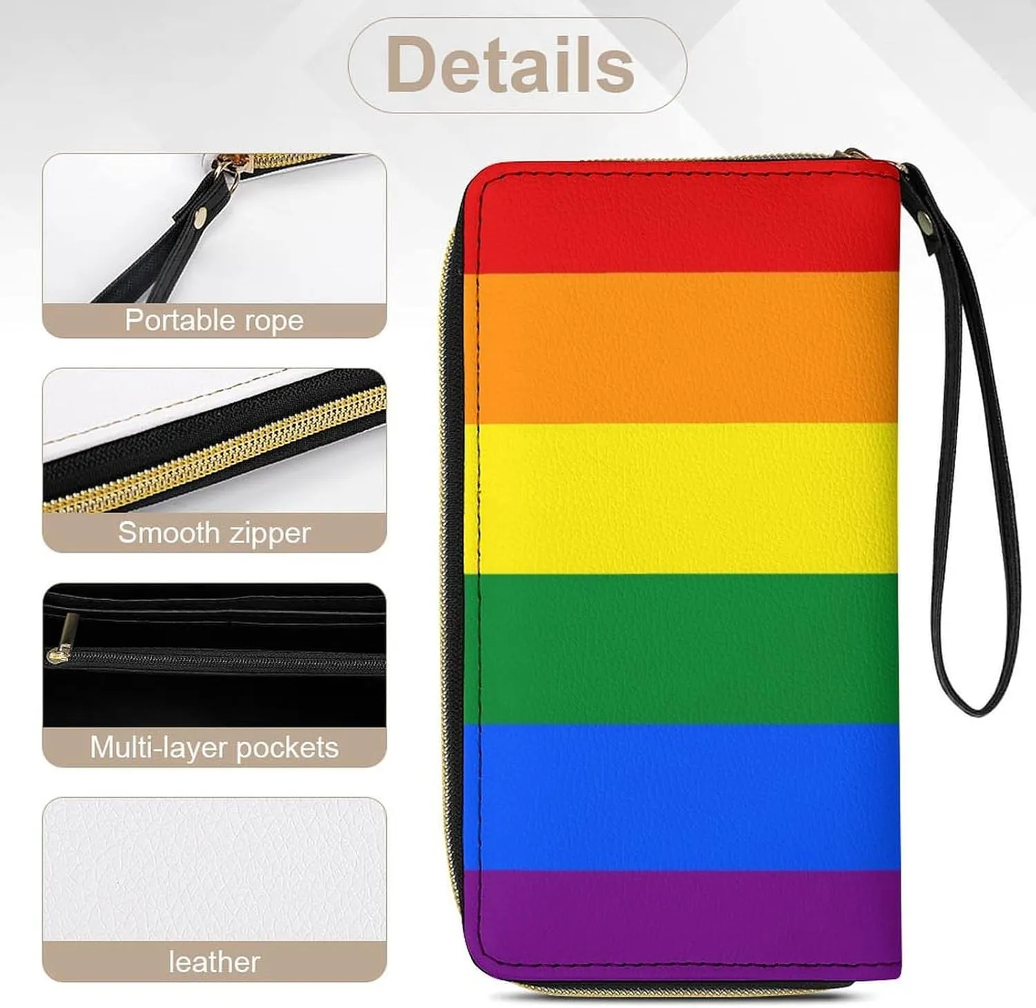 Travel Slim Wallet for Women, Large Capacity Credit Card Holder Rainbow Lgbt Pride Flag Stripes Purse Pu Leather Waterproof Long Wallet