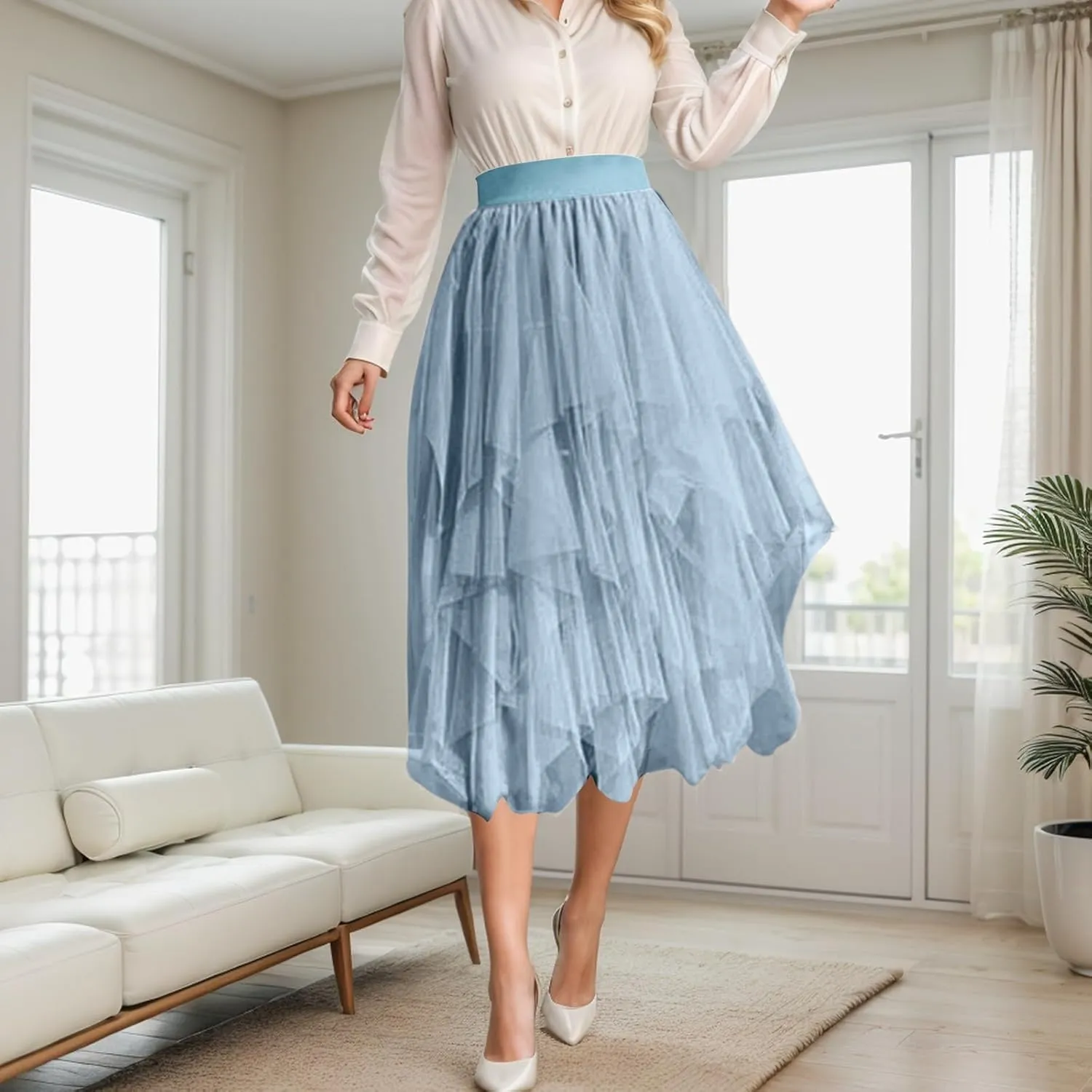 Tulle Skirts for Women A-Line High Low Asymmetrical Layered Midi Skirt Ladies Elastic Waist Irregular Mesh Tutu Skirt