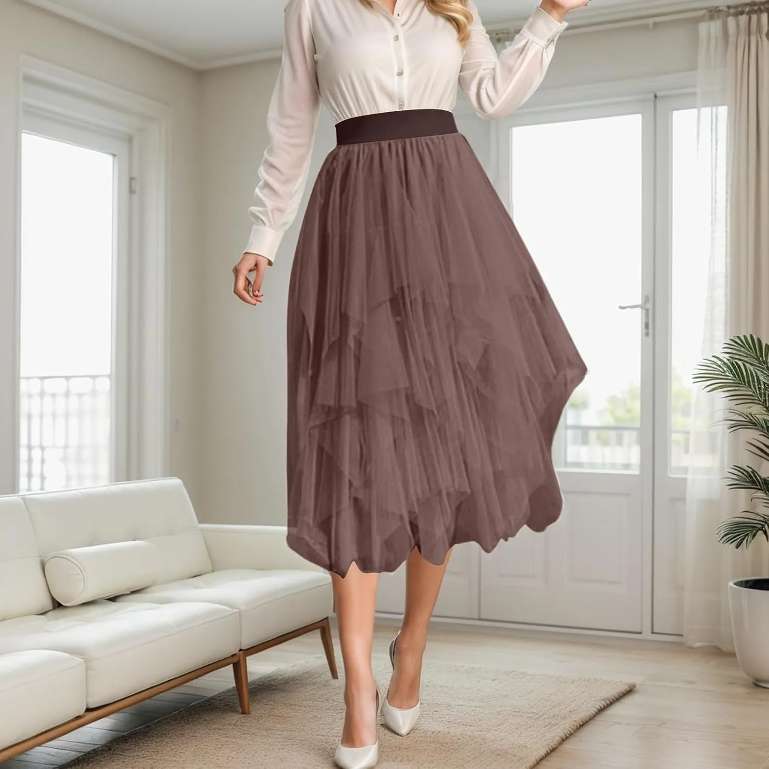 Tulle Skirts for Women A-Line High Low Asymmetrical Layered Midi Skirt Ladies Elastic Waist Irregular Mesh Tutu Skirt