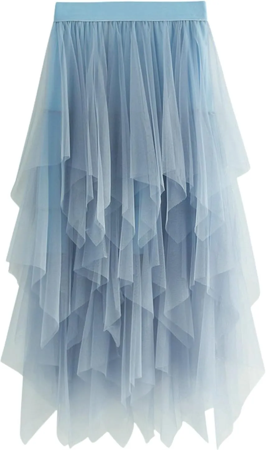 Tulle Skirts for Women A-Line High Low Asymmetrical Layered Midi Skirt Ladies Elastic Waist Irregular Mesh Tutu Skirt