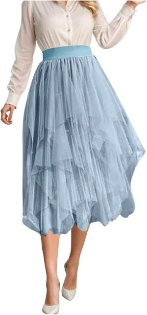 Tulle Skirts for Women A-Line High Low Asymmetrical Layered Midi Skirt Ladies Elastic Waist Irregular Mesh Tutu Skirt
