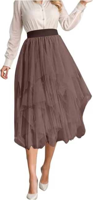 Tulle Skirts for Women A-Line High Low Asymmetrical Layered Midi Skirt Ladies Elastic Waist Irregular Mesh Tutu Skirt