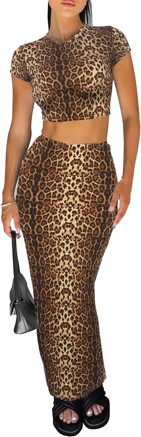 Two Piece Skirt Set for Women 2 PC Y2K Outfits Short Sleeve Crop Tops Bodycon High Waist Long Maxi Skirts