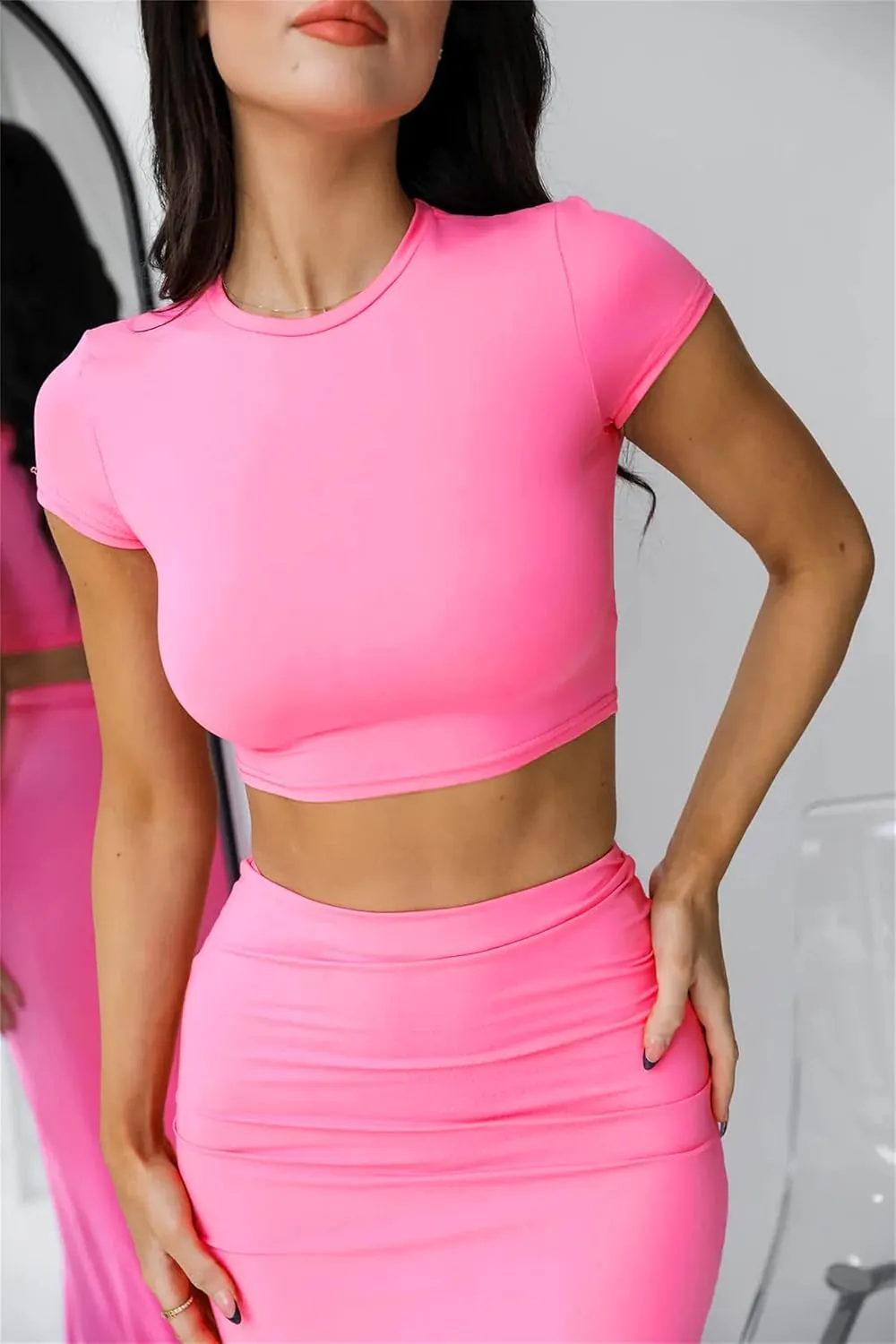 Two Piece Skirt Set for Women 2 PC Y2K Outfits Short Sleeve Crop Tops Bodycon High Waist Long Maxi Skirts