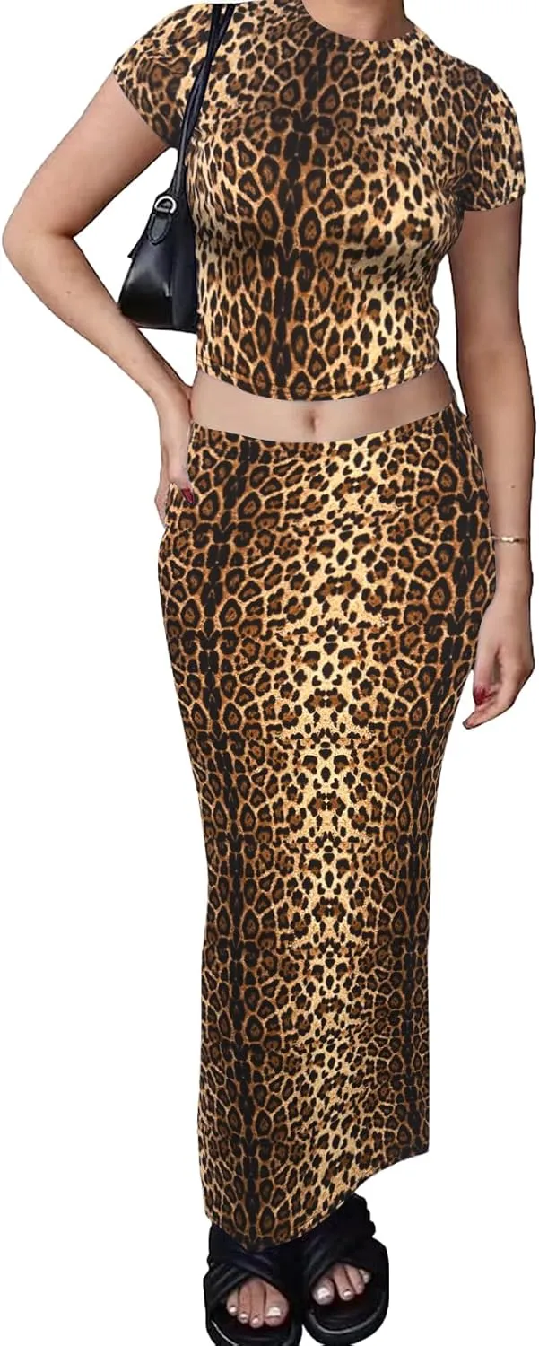 Two Piece Skirt Set for Women 2 PC Y2K Outfits Short Sleeve Crop Tops Bodycon High Waist Long Maxi Skirts