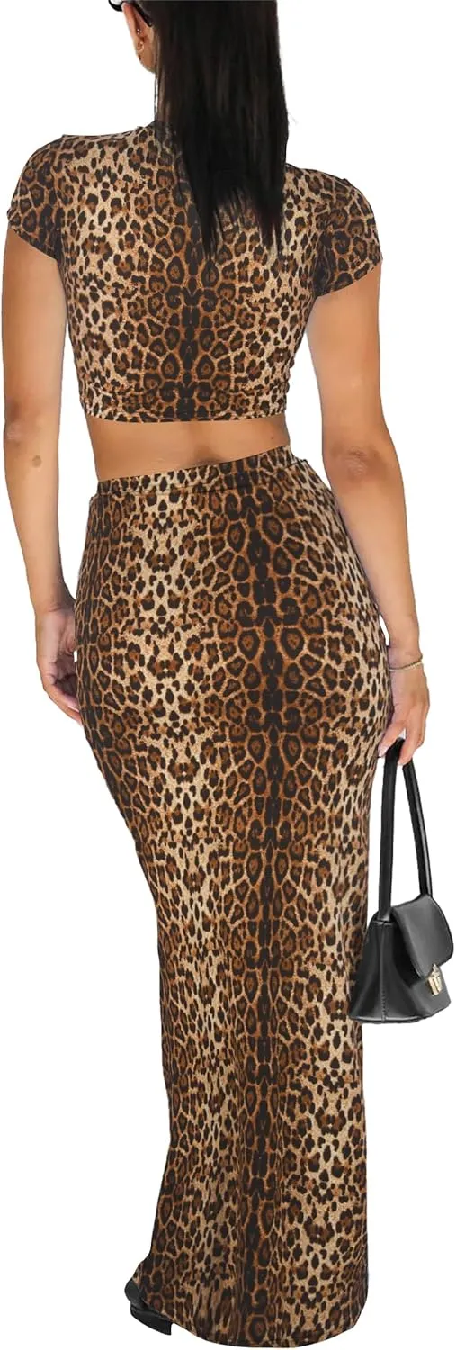 Two Piece Skirt Set for Women 2 PC Y2K Outfits Short Sleeve Crop Tops Bodycon High Waist Long Maxi Skirts