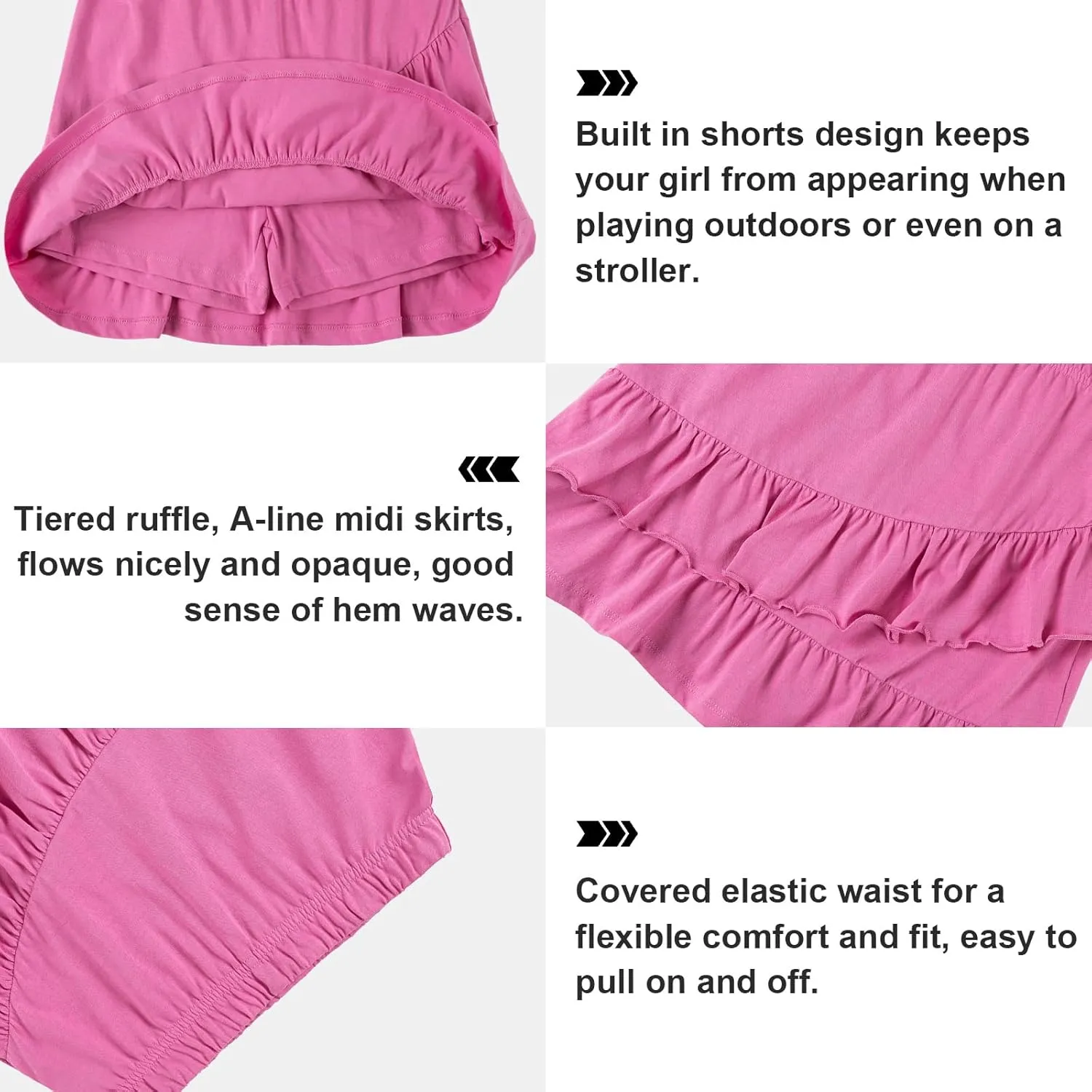 UNACOO 2 Packs 100% Cotton Tiered Ruffle Skirt with Elastic Waistband for Girls