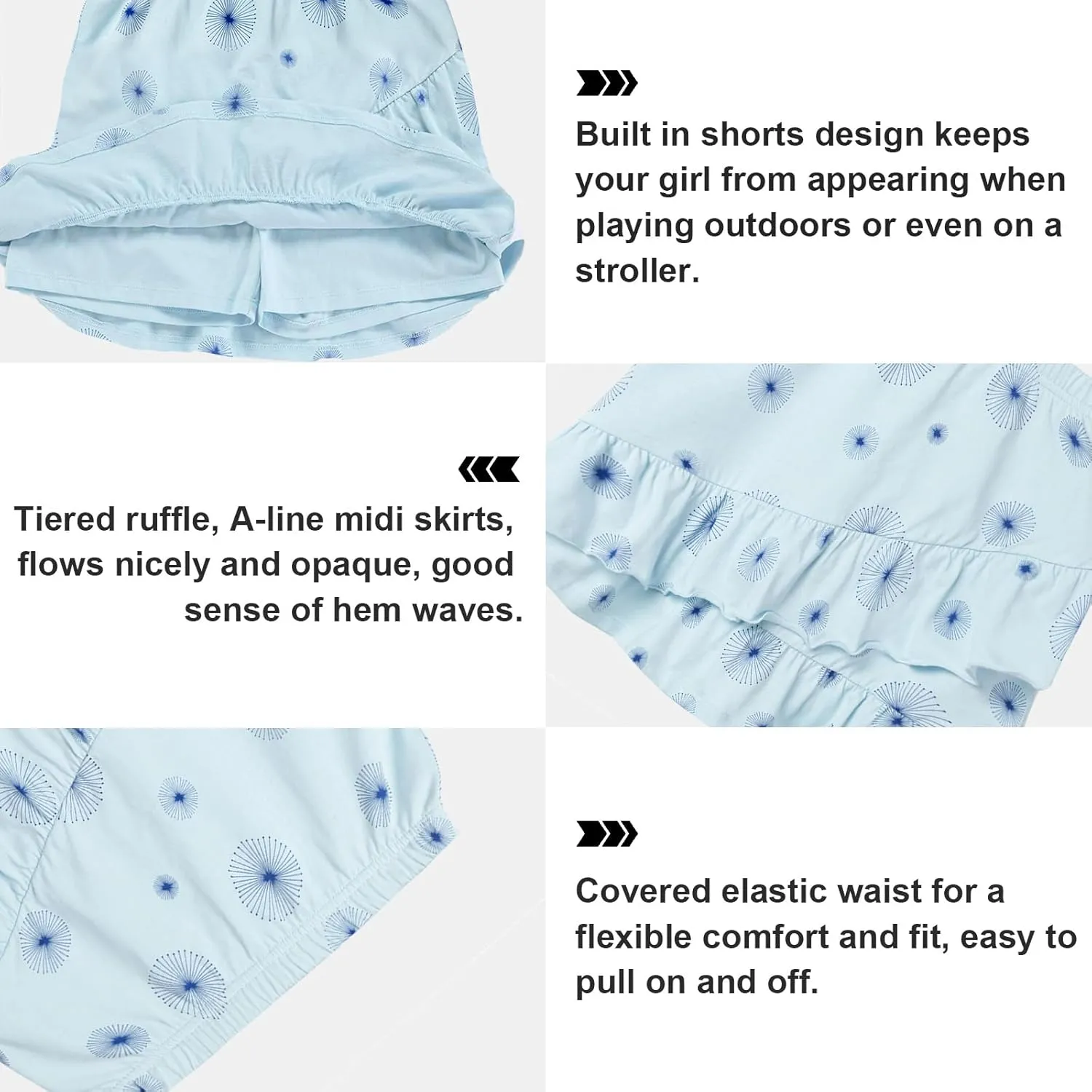 UNACOO 2 Packs 100% Cotton Tiered Ruffle Skirt with Elastic Waistband for Girls