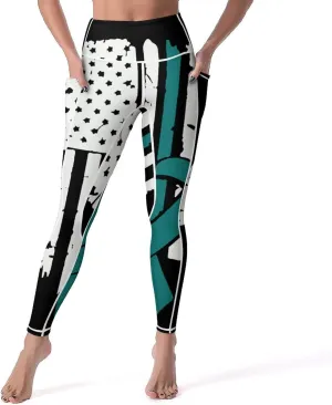 USA Flag Ovarian Cancer Awareness High Waisted Yoga Pants Soft Leggings for Women Tummy Control Workout Running Leggings