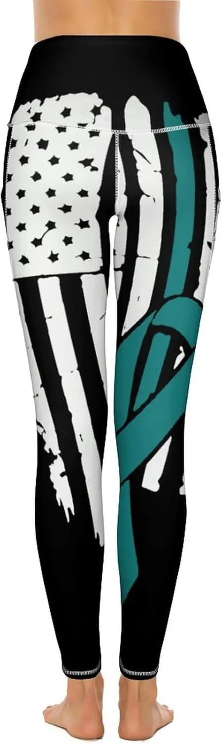 USA Flag Ovarian Cancer Awareness High Waisted Yoga Pants Soft Leggings for Women Tummy Control Workout Running Leggings