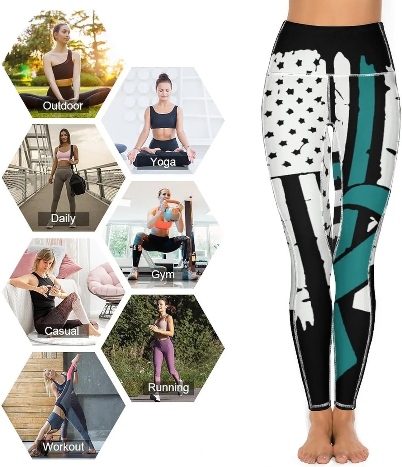 USA Flag Ovarian Cancer Awareness High Waisted Yoga Pants Soft Leggings for Women Tummy Control Workout Running Leggings
